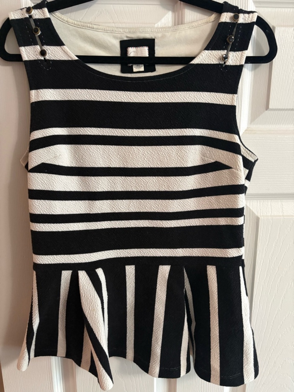 Anthropologie peplum sleeveless blouse top striped shoulder buttons size M
